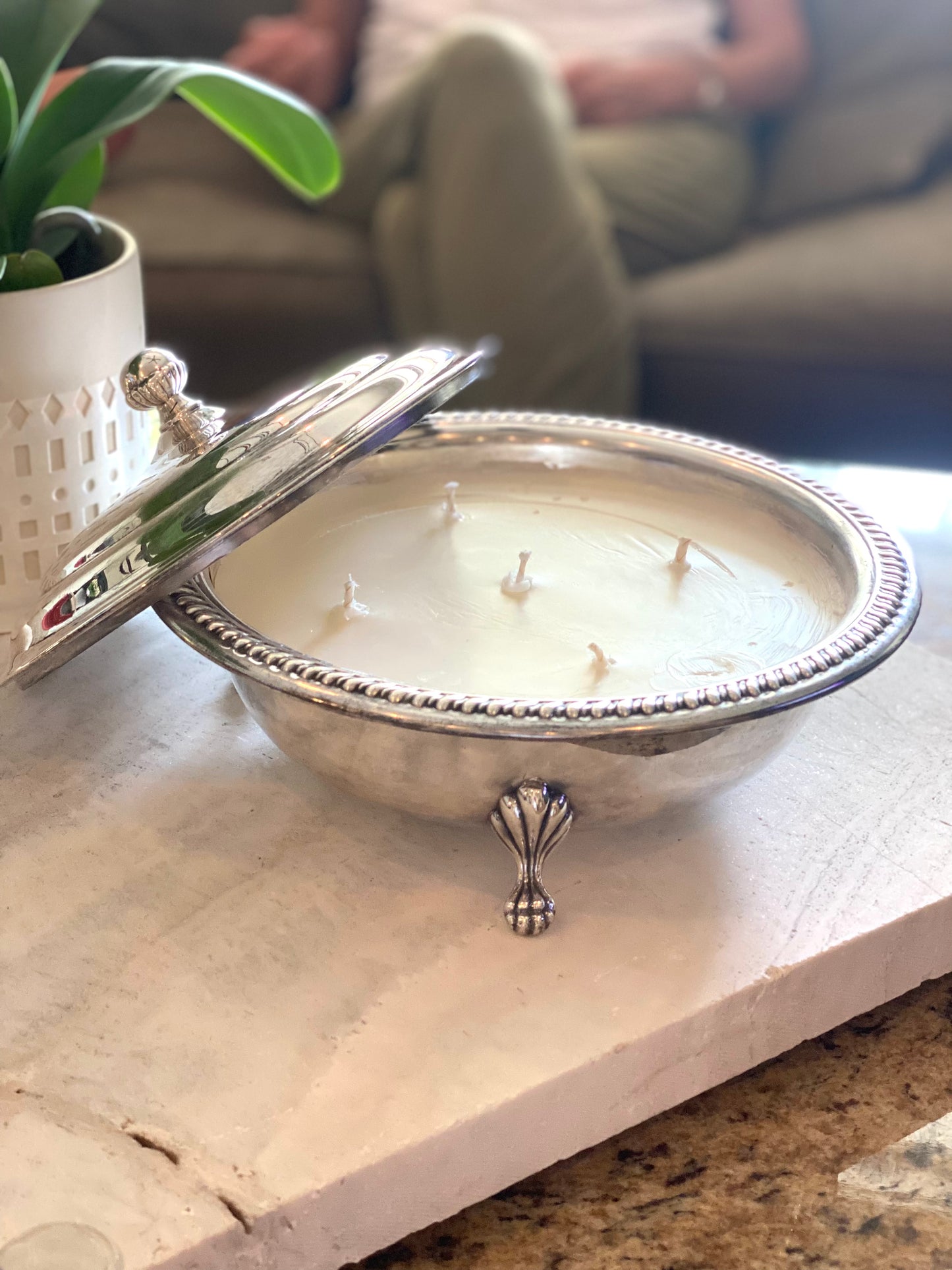 Silver Plated Footed 5 Wick Candle with Lid